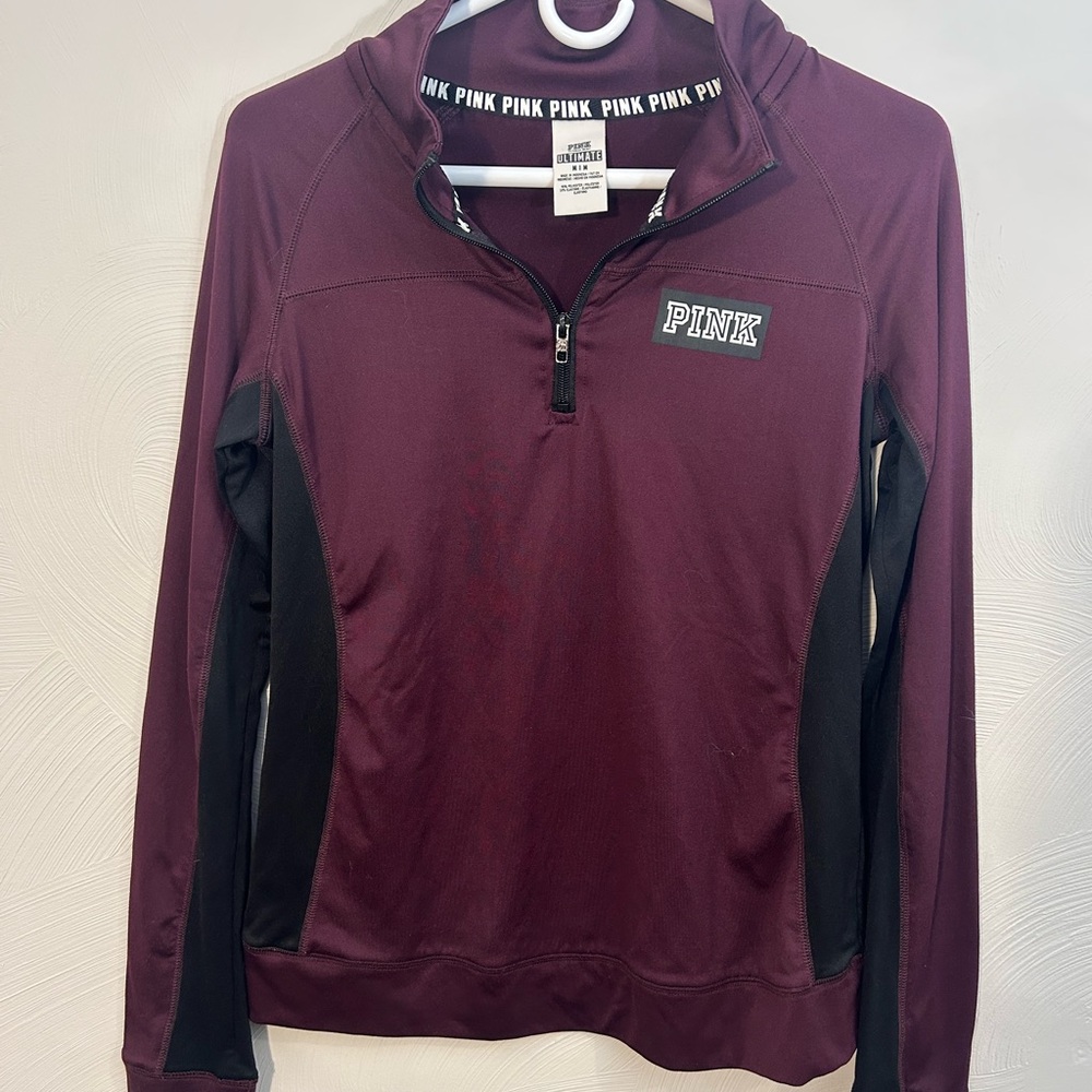 PINK Ultimate Maroon Black Pullover 1/4 Zip Jacket Active Casual Size Medium